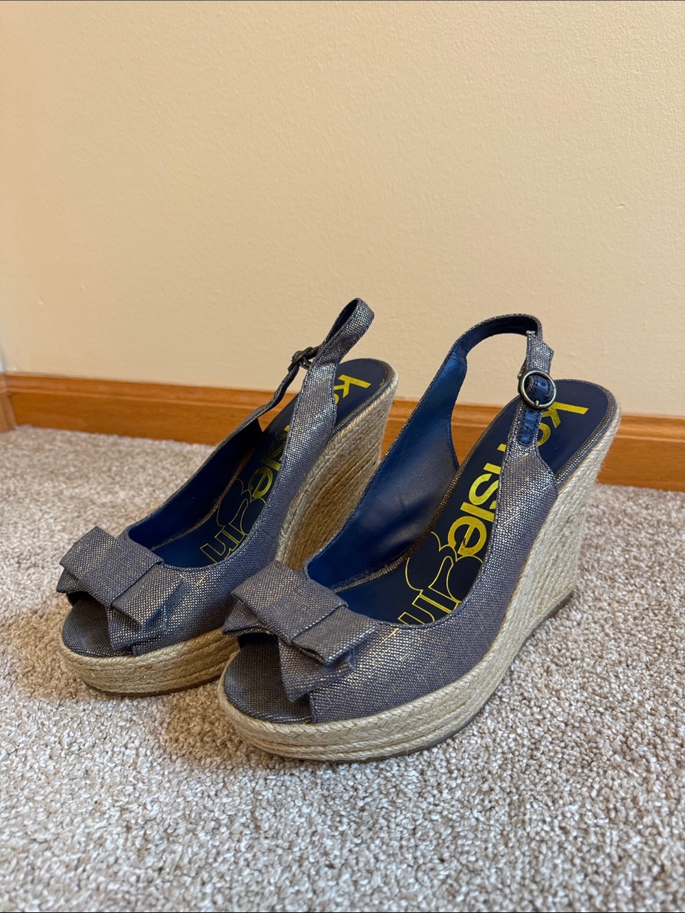 Kensie Girl Blue Denim-Look Peep-Toe Wedge Sandals with Bow